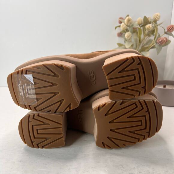 UGG Classic Mini New Heights Platform Suede Boots Chestnut Women's 8 Tried On - Picture 10 of 11